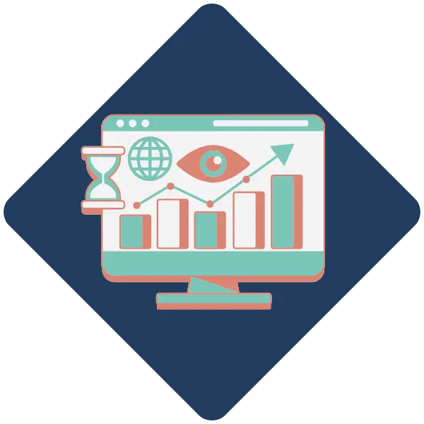 Ilustración de monitor con gráfico ascendente y reloj de arena para mostrar rendimiento SEO